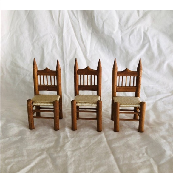 Other Handcrafted In 194s Set Of 3 Whittled Miniature Wooden Chairs